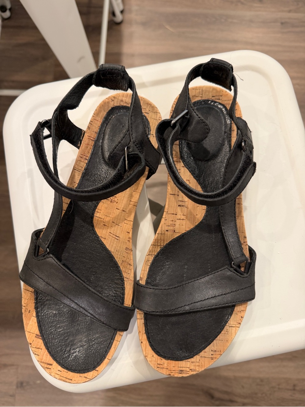 Teva Black Cork Footbed T-Strap Sandals